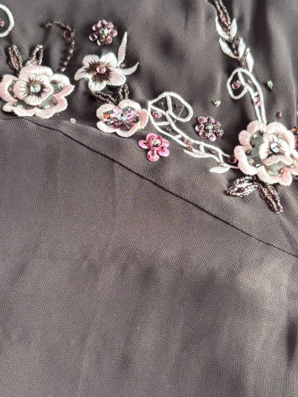 Brown Floral Embroidered 1920s-Inspired Handkerchief Hem Dress - Picture 14 of 16
